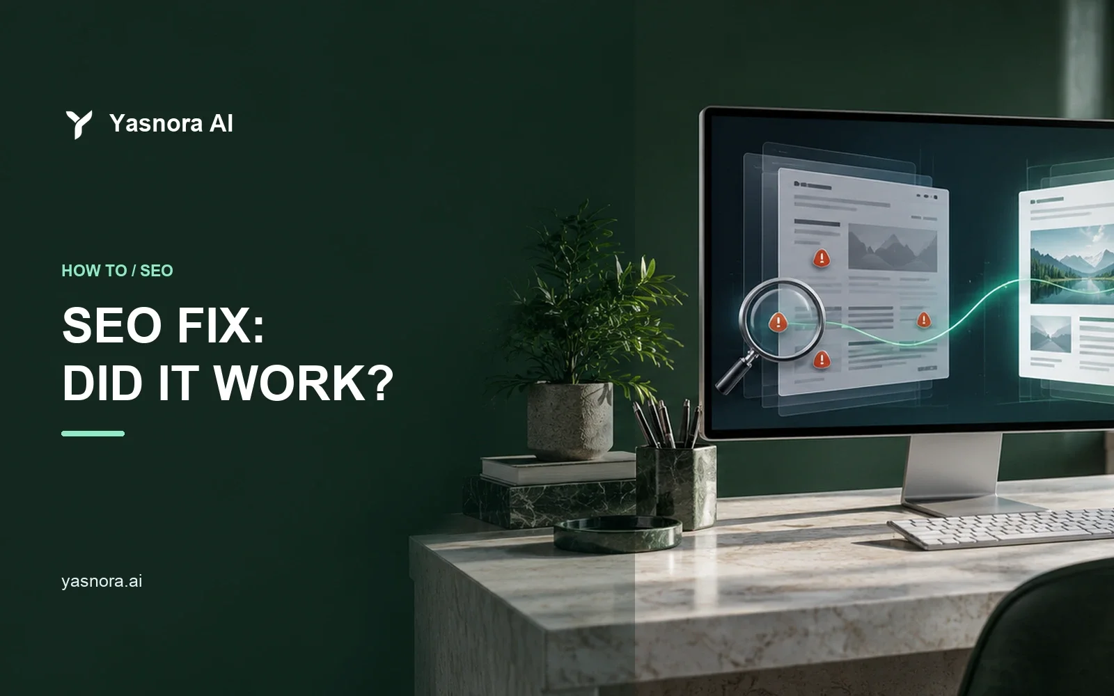 Desktop monitor comparing website audit findings before and after a fix