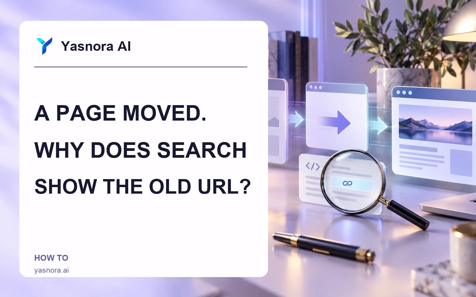 Three website cards illustrate an old URL moving to a new page, with a link inspection visual, Yasnora AI